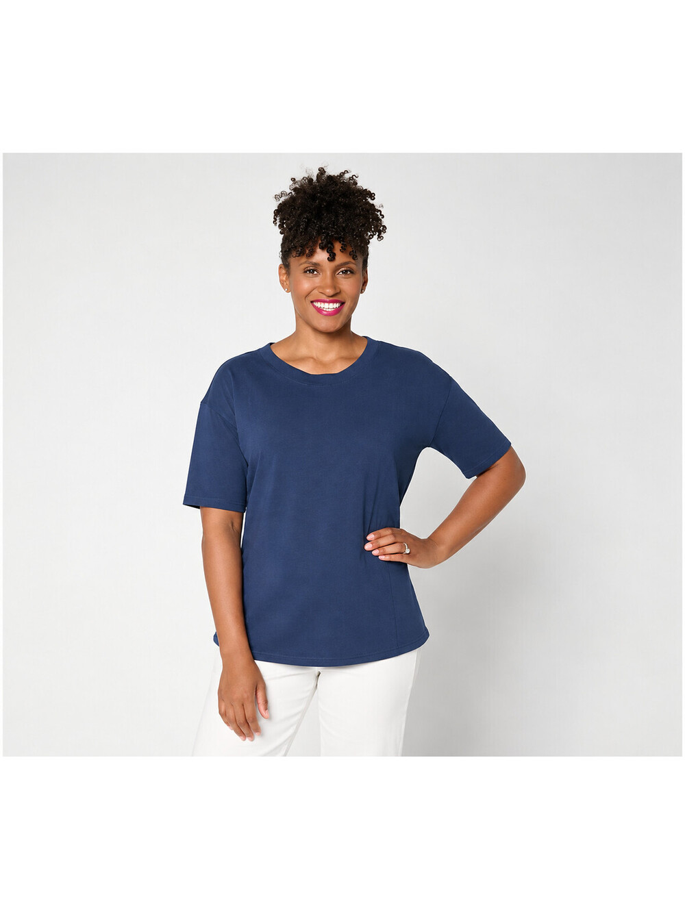 LOGO by Lori Goldstein Everyday Cotton Elbow Sleeve Seamed Top Peacoat, XX-Small